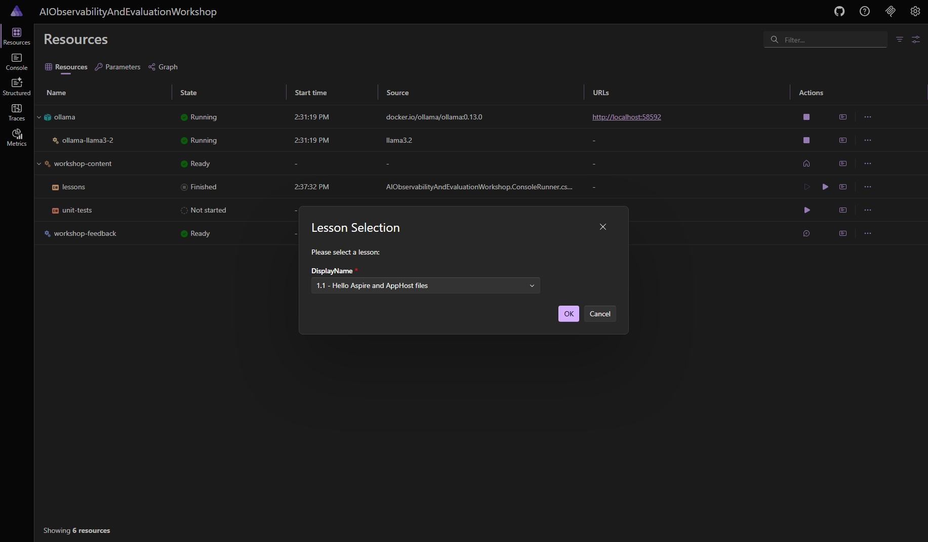 AI Observability and Evaluation workshop Aspire dashboard